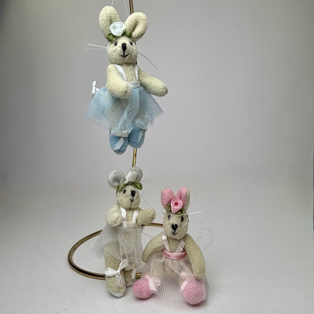 Vintage Delton Jointed Plush Bunny Ballerina Ornaments Set 3 Easter Decor